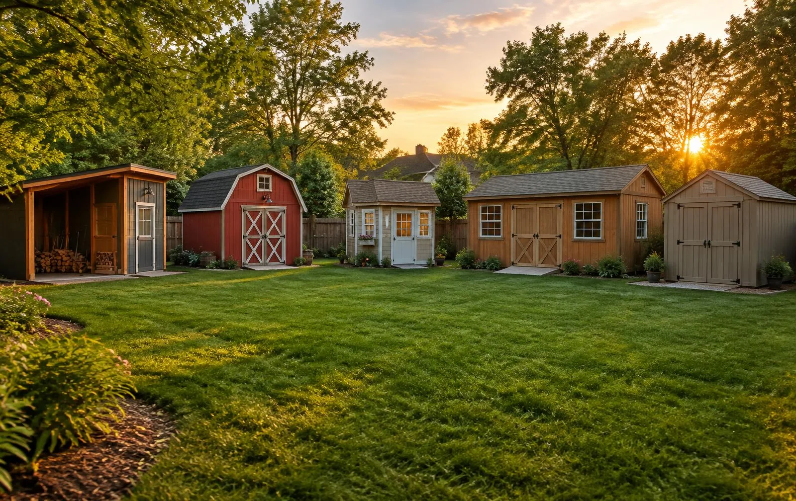 Five different wooden sheds in an American backyard at sunset