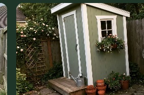 Small green potting shed with white trim and a flower box