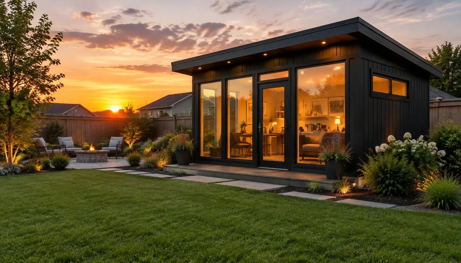 Modern backyard shed with glowing windows at sunset